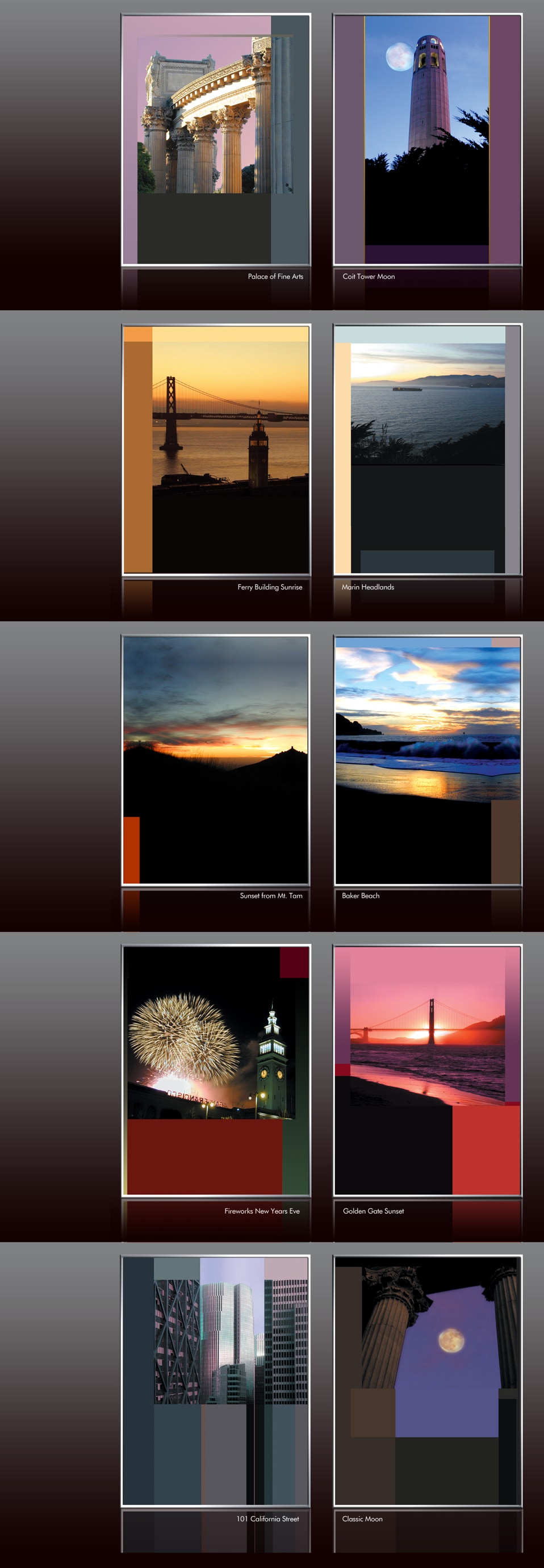In the process of exploring the possibilities of digital photography, our creative staff developed a variation of the color-study based on photos of Northern California views.